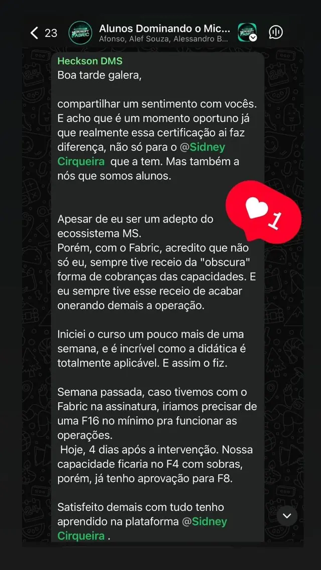 Depoimento de aluno do curso Dominando o Microsoft Fabric